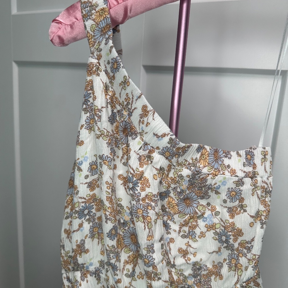 Abercrombie & Fitch Floral Mini dress Cream Blue, one shoulder small spring chic - Picture 4 of 4